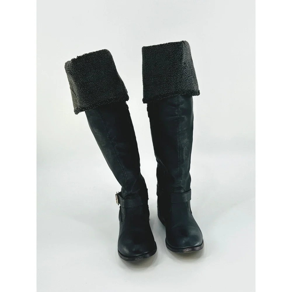 Women's Black Knee-High Winter Boots Shearling Cuff Flat Moto Utility Size 9
